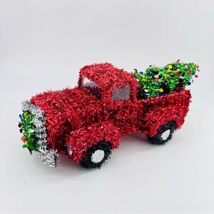 Christmas Tree Tinsel Red Pick Up Truck Holiday Wreath Winter Home Decor